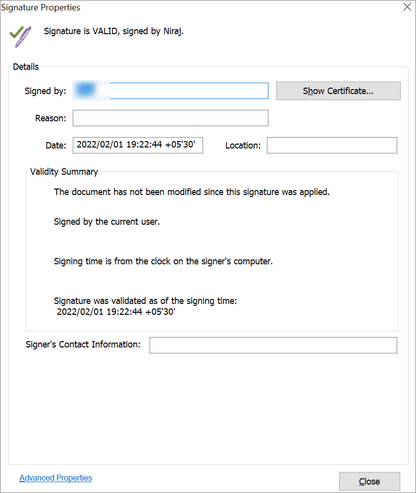 Digital Signature Properties for Validation