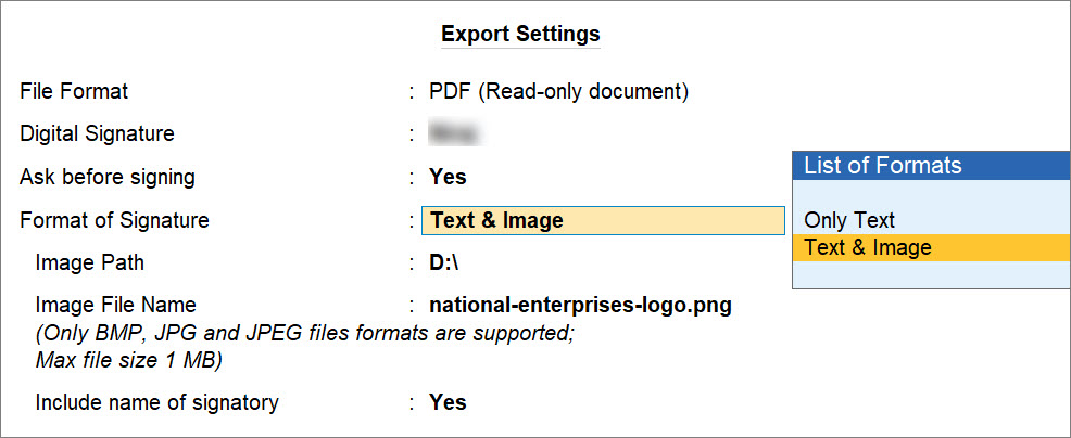 Digital Signature in TallyPrime - Text and Image