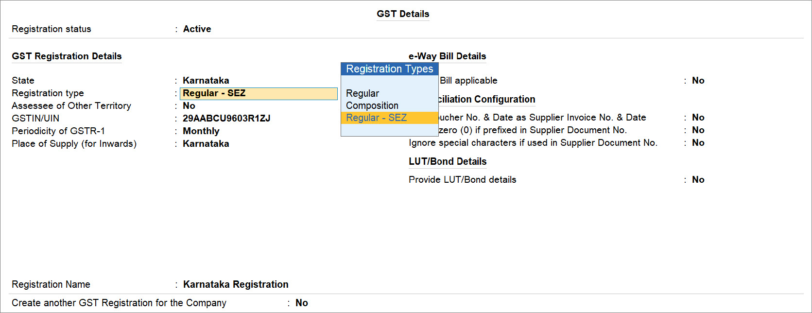 Company with GST Registration as Regular - SEZ in TallyPrime