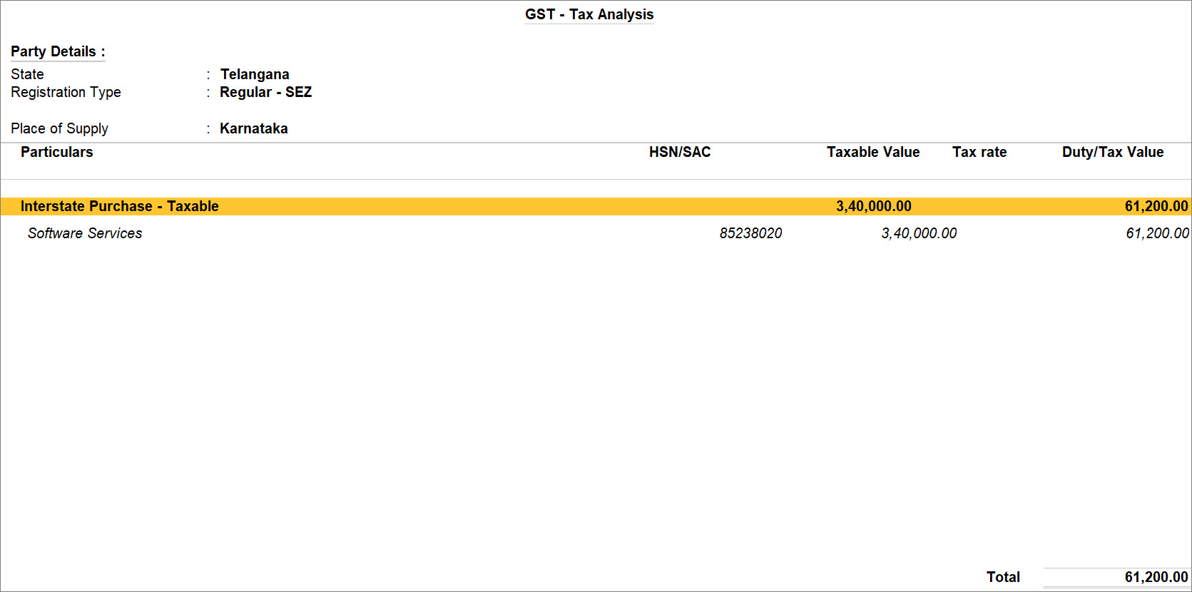 GST - Tax Analysis for Purchase of Services from SEZ - Regular Company in TallyPrime
