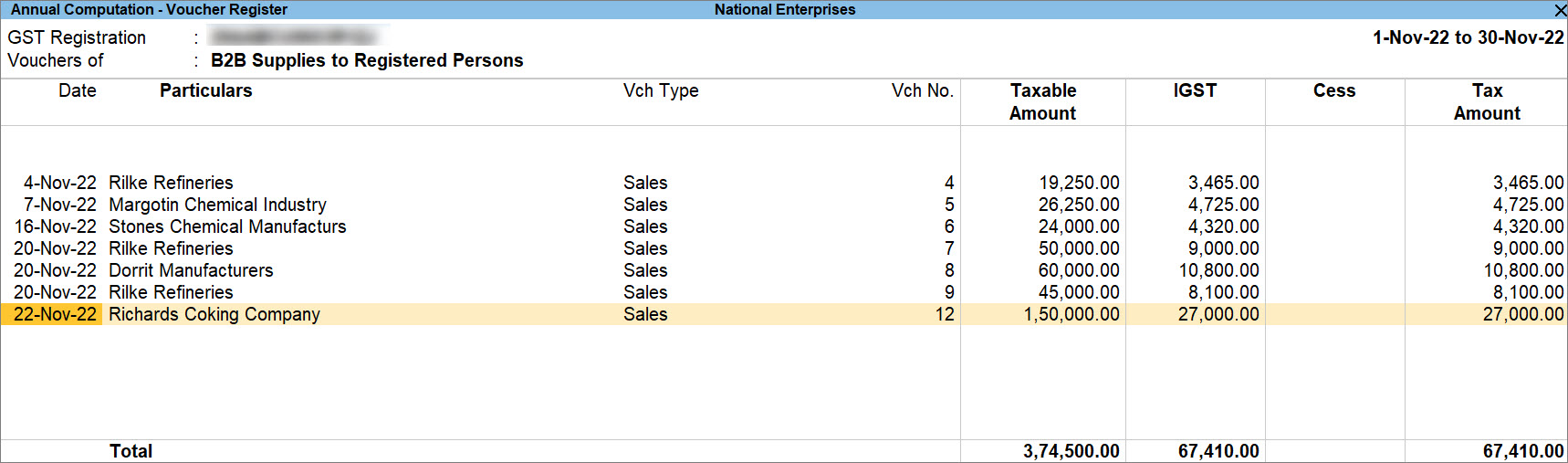 Sales of Services to Regular - SEZ Company in GST Annual Computation of TallyPrime
