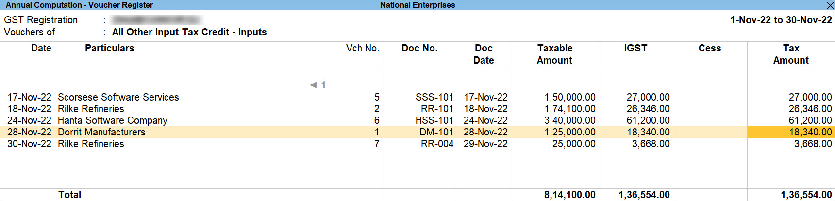 Purchase of Goods from Regular Company in GST Annual Computation in TallyPrime