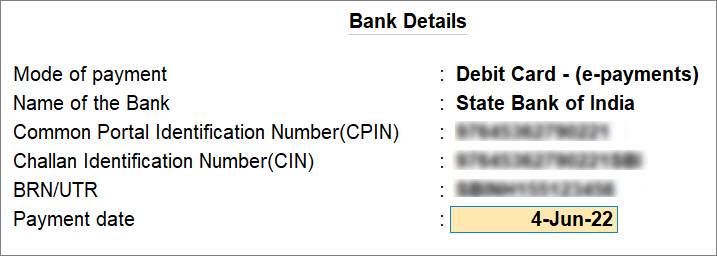 Bank Details for GST Payment Entry in TallyPrime