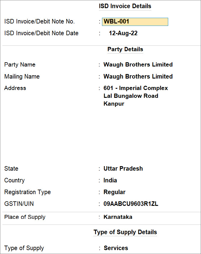 ISD Invoice Details in TallyPrime