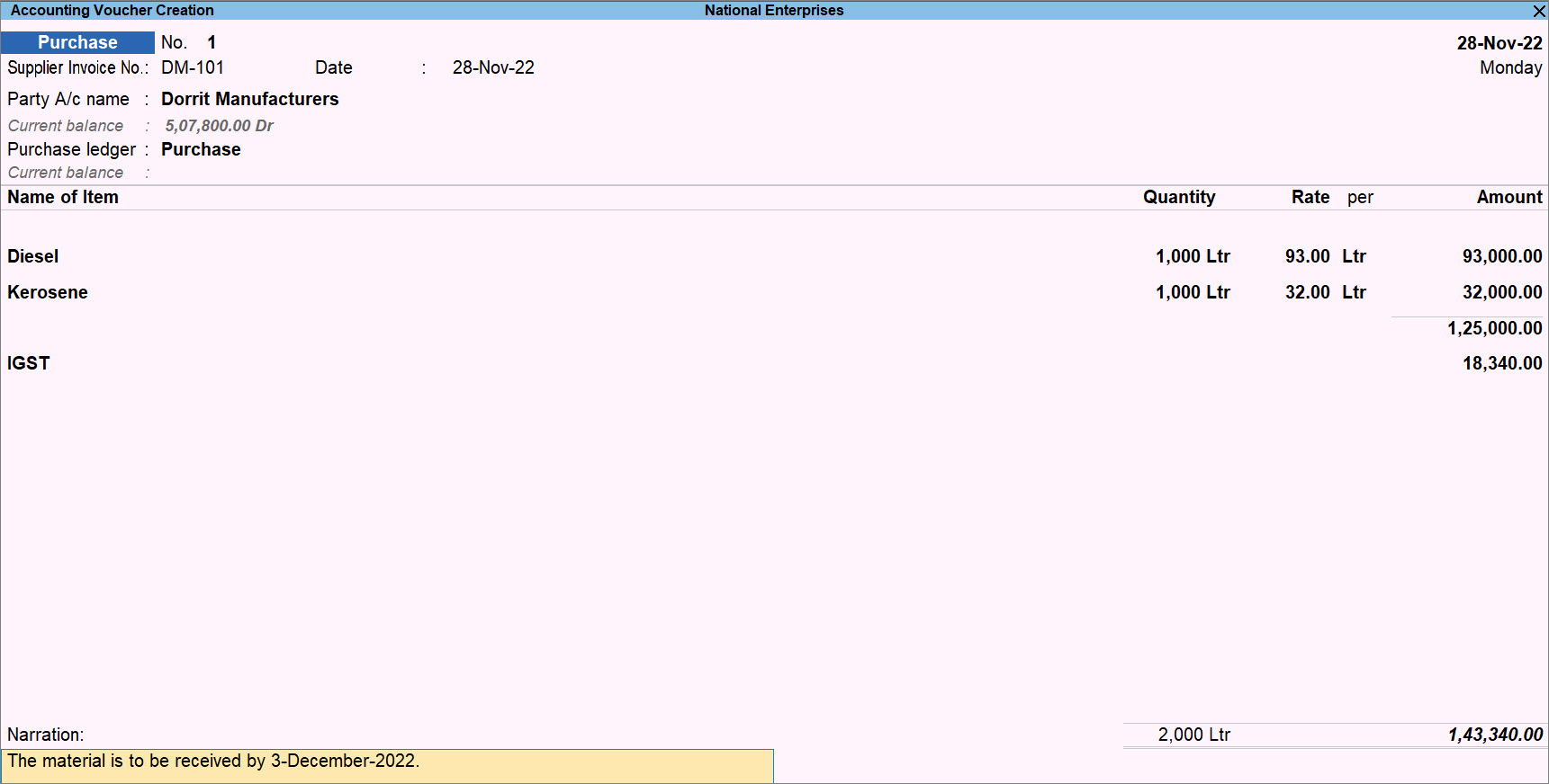 Purchase of Goods from Regular Dealer in TallyPrime
