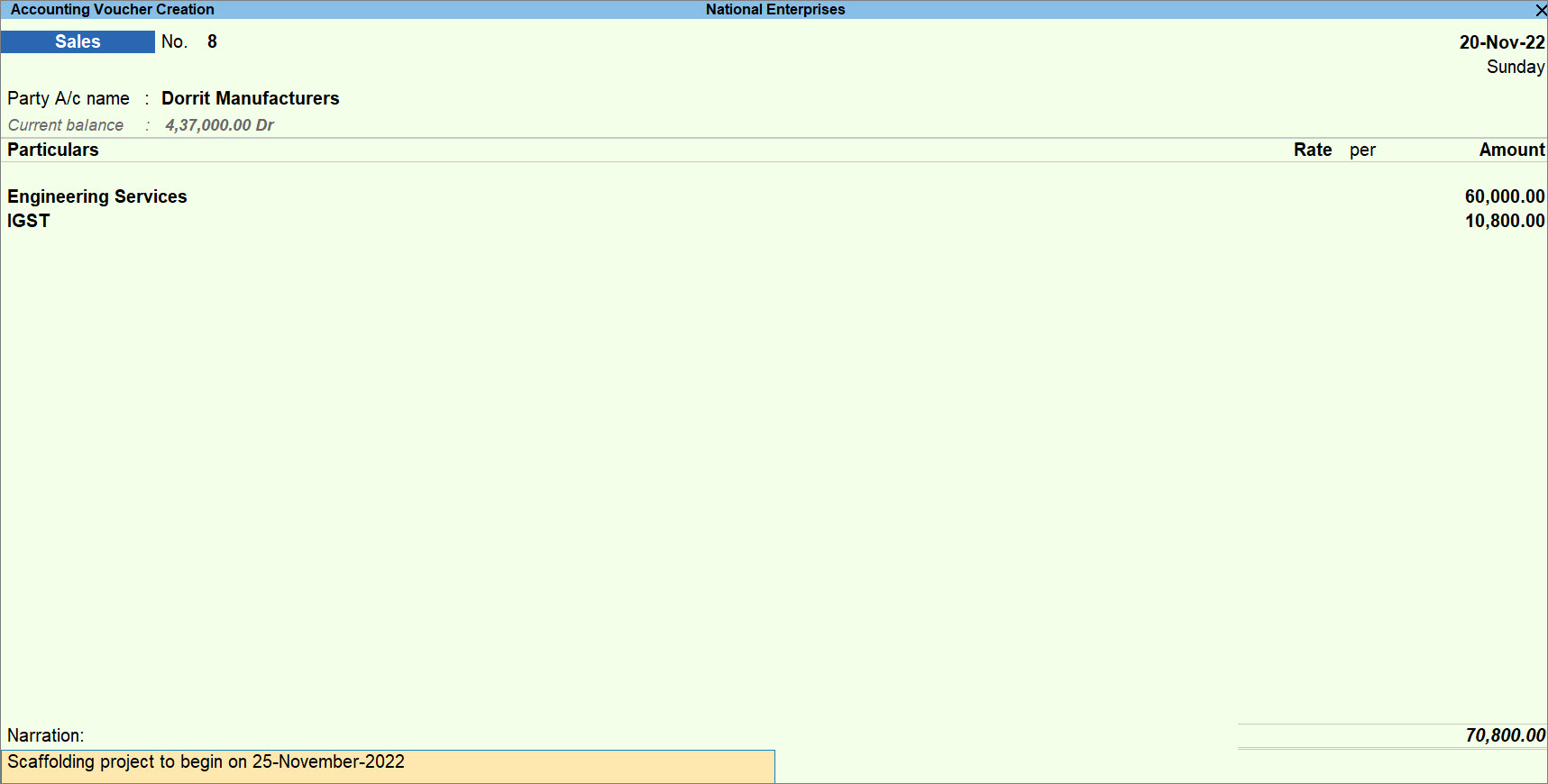 Sales of Services to Regular Party in TallyPrime