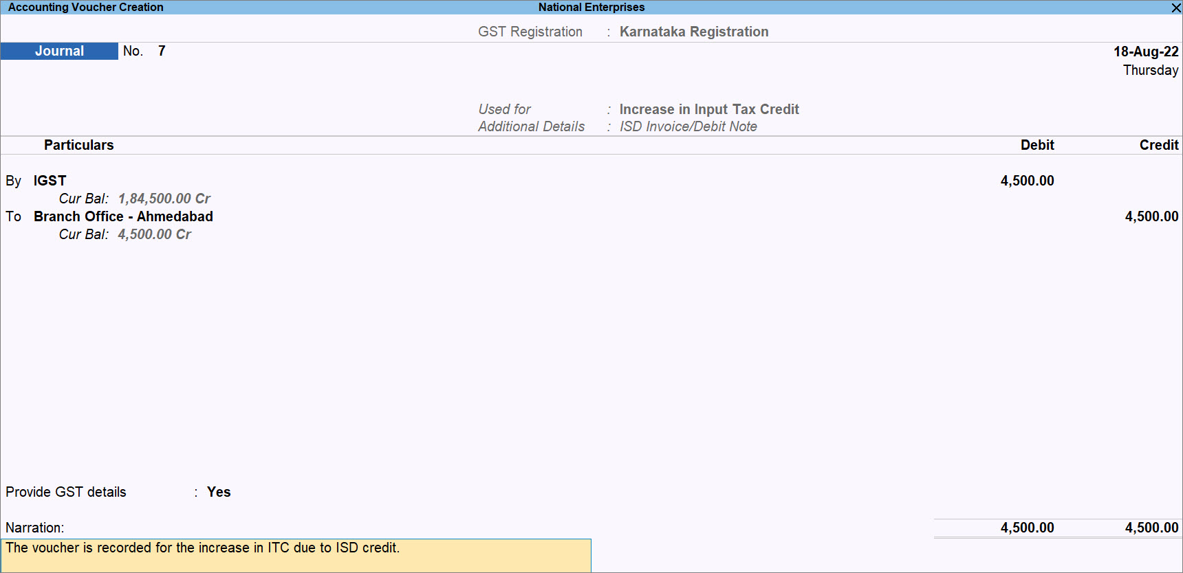 Journal Voucher for ISD Credit Under GST in TallyPrime