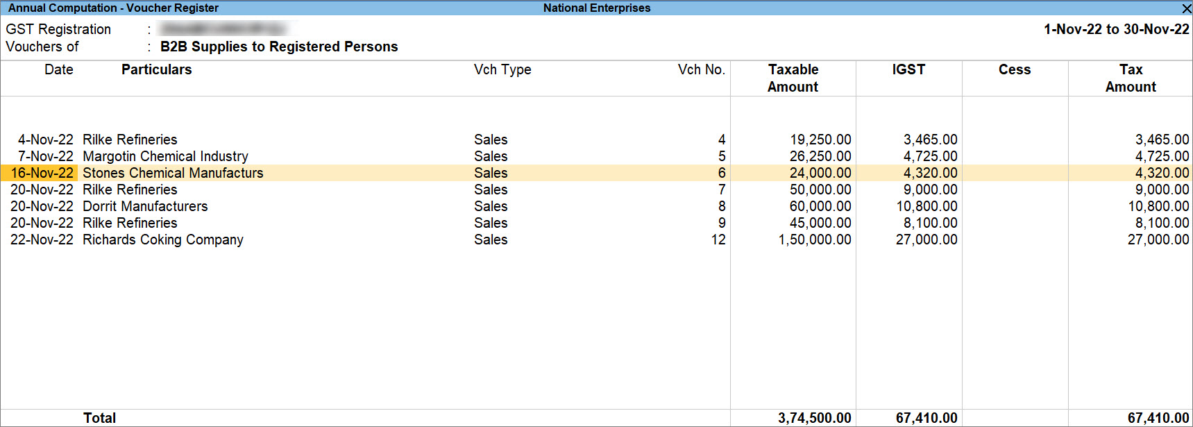 Sales of Services to Regular Company in GST Annual Computation of TallyPrime