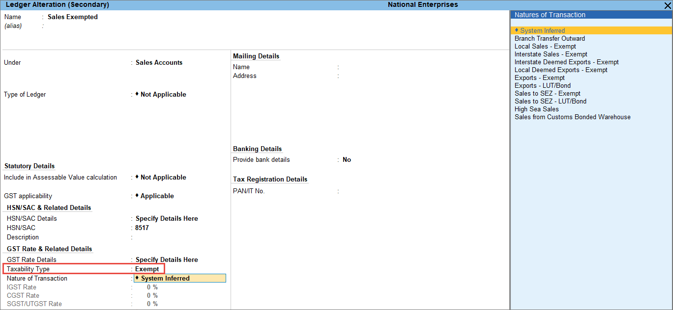 Exempted Sales Ledger
