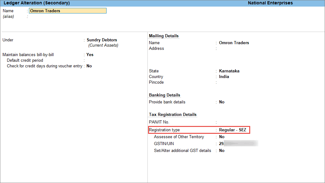 Party Ledger for Taxable SEZ