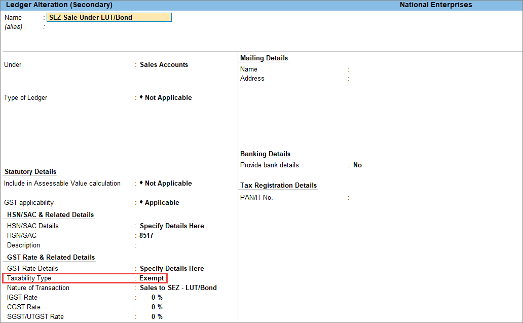 SEZ Sale under LUT Bond Sales Ledger