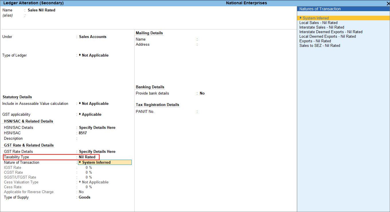Sales Ledger Creation for Nil Rated