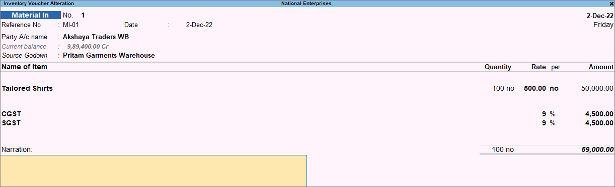 Material in Voucher TallyPrime