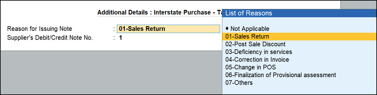 Reason for Debit Note TallyPrime
