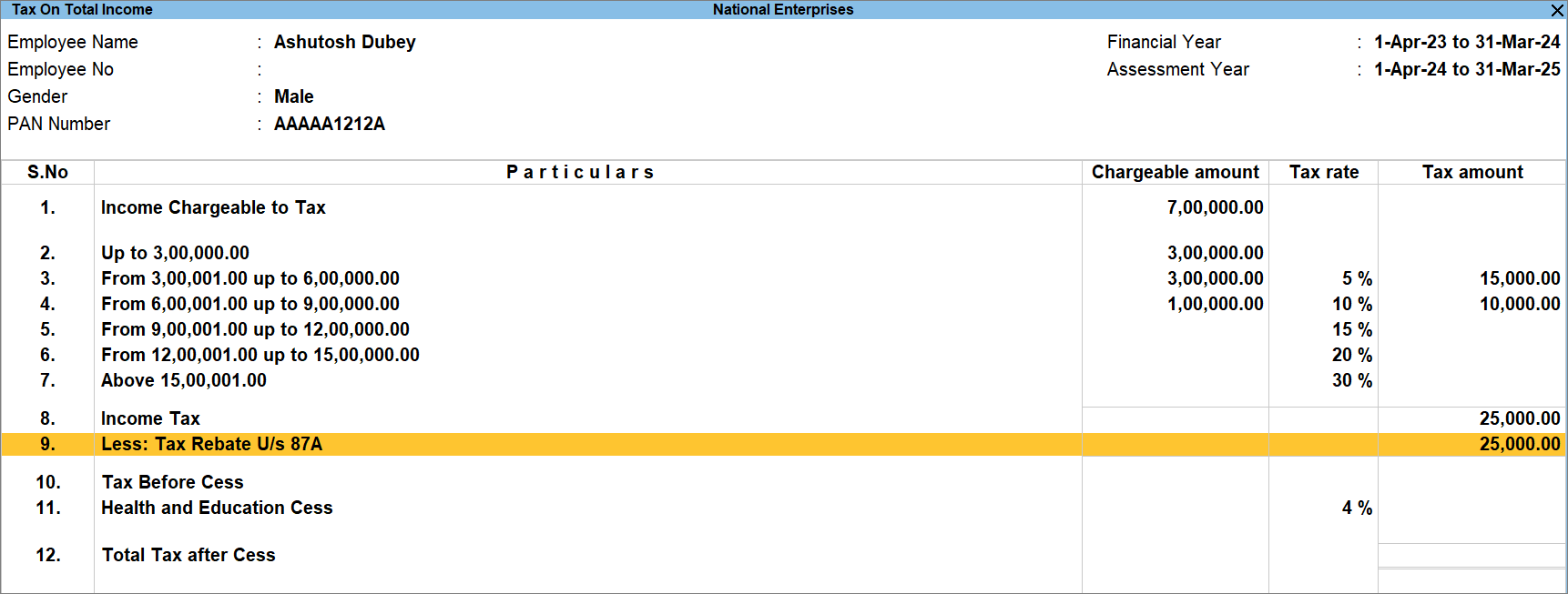 Rebate U/s 87A for Employees with taxable income up to Rs. 7 lakhs in TallyPrime