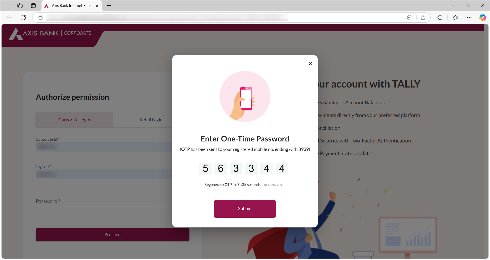 Enter the OTP to Log in to Axis Bank Portal