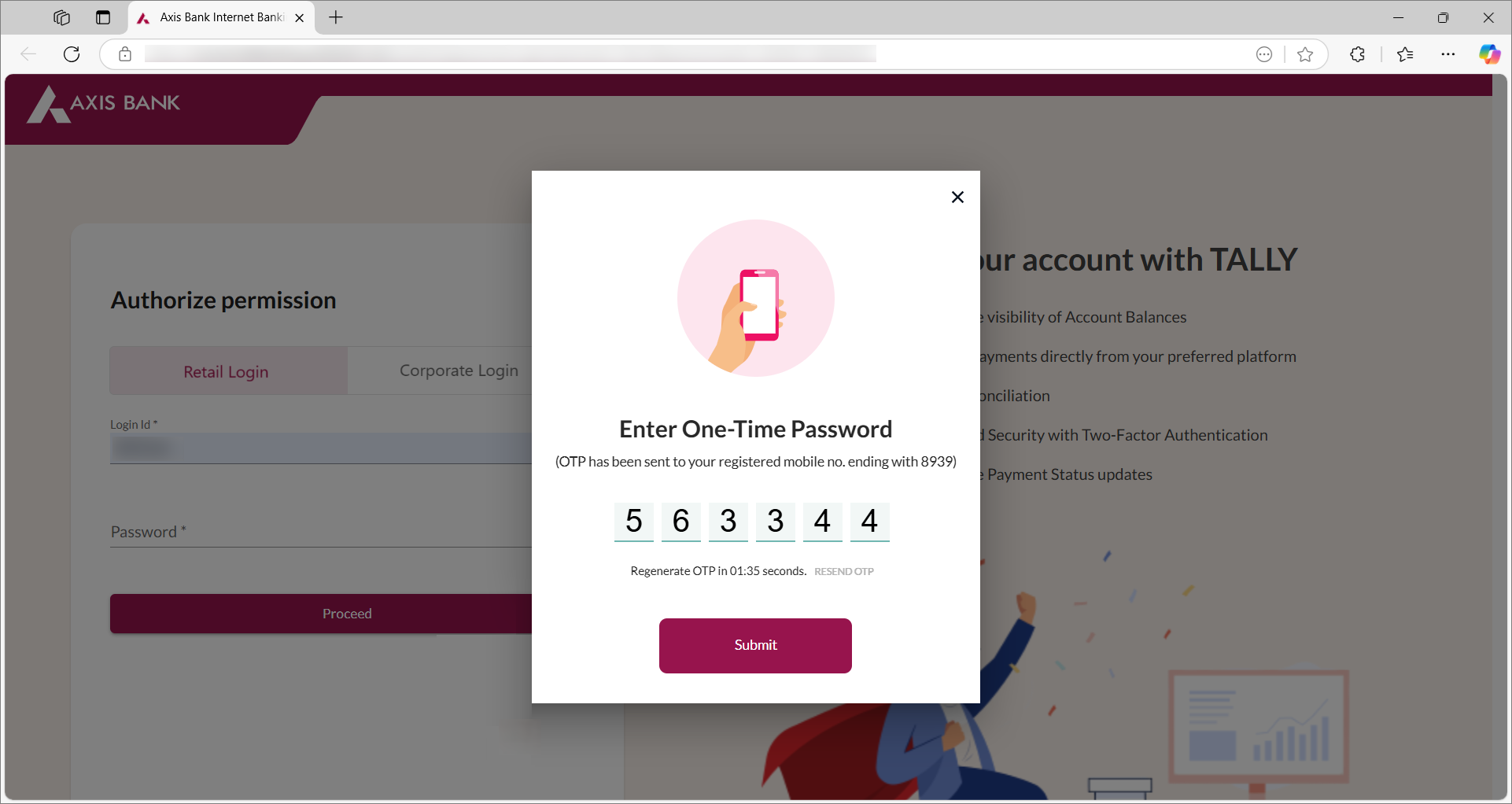 Enter the OTP to Log in to Axis Bank Portal