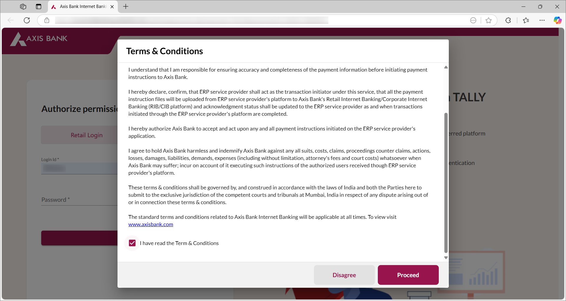 Accept the Terms and Conditions on the Axis Bank Portal