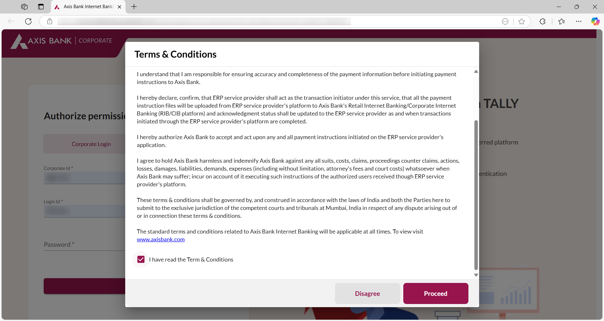 Accept the Terms and Condition on the Axis Bank Portal