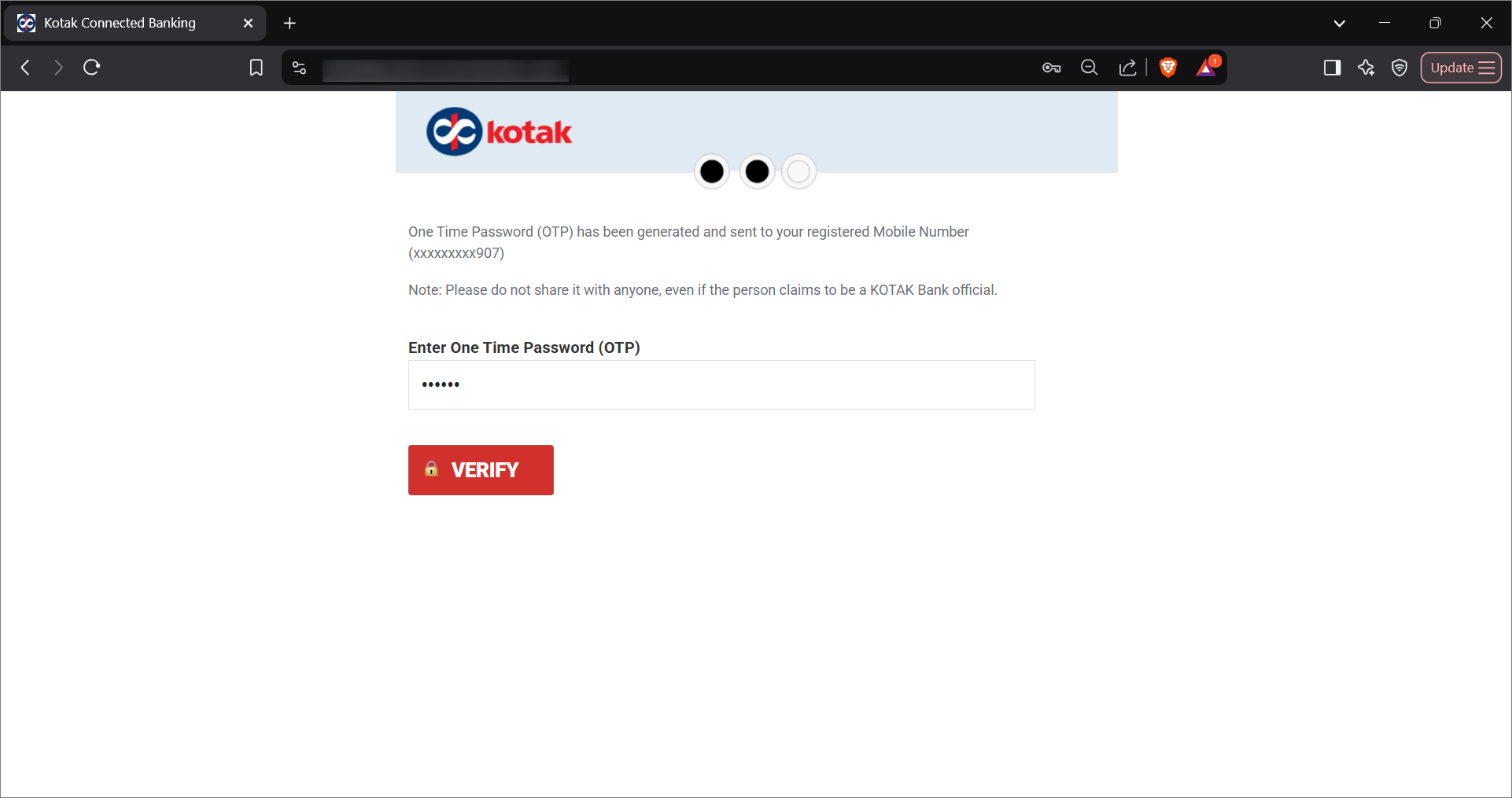 Enter the OTP on the Kotak Mahindra Bank Portal