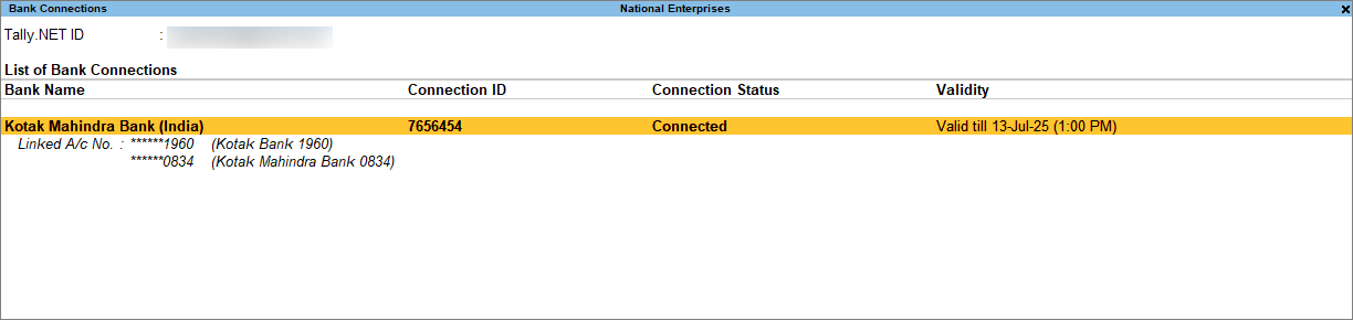 Kotak Mahindra Bank Accounts Connected to TallyPrime