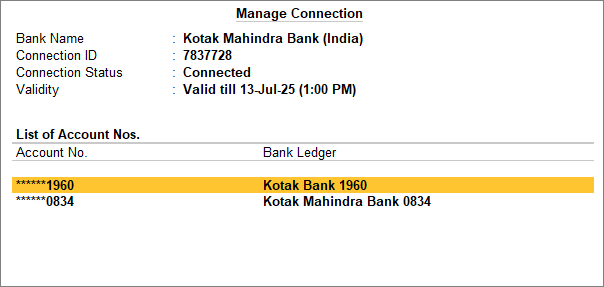 Manage Connection with Kotak Mahindra Bank with Refreshed Status