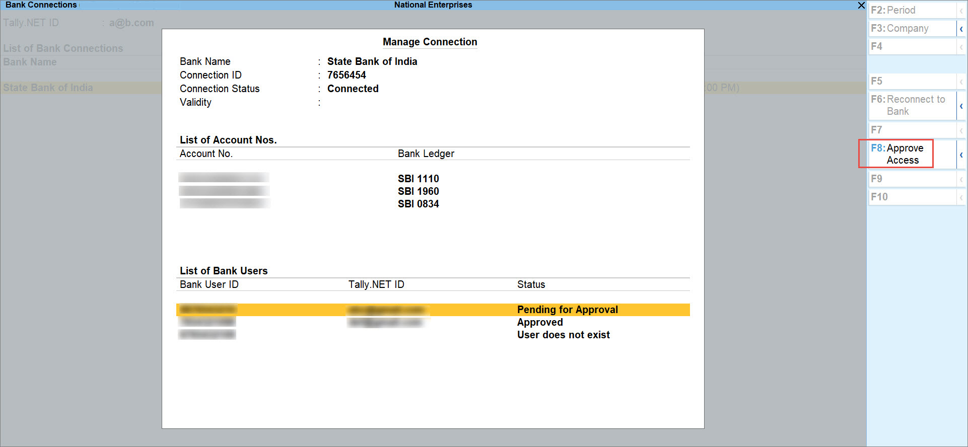 Approve User Access to SBI Accounts in TallyPrime