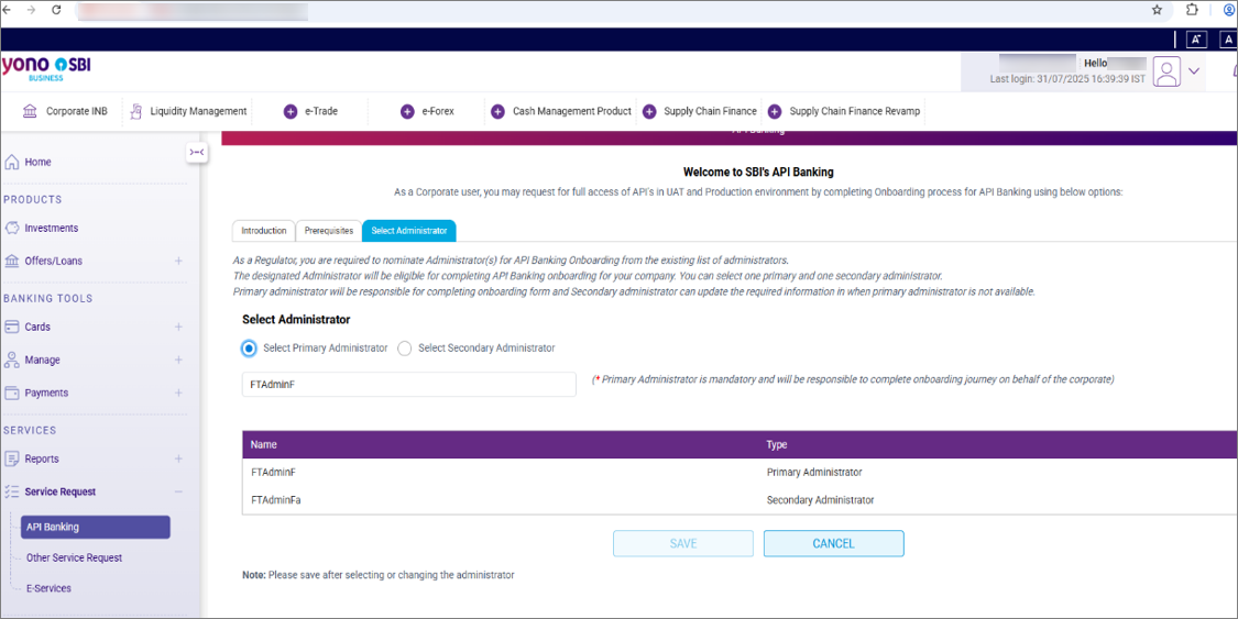 Select Primary Administrator - Vistaar on the SBI Portal