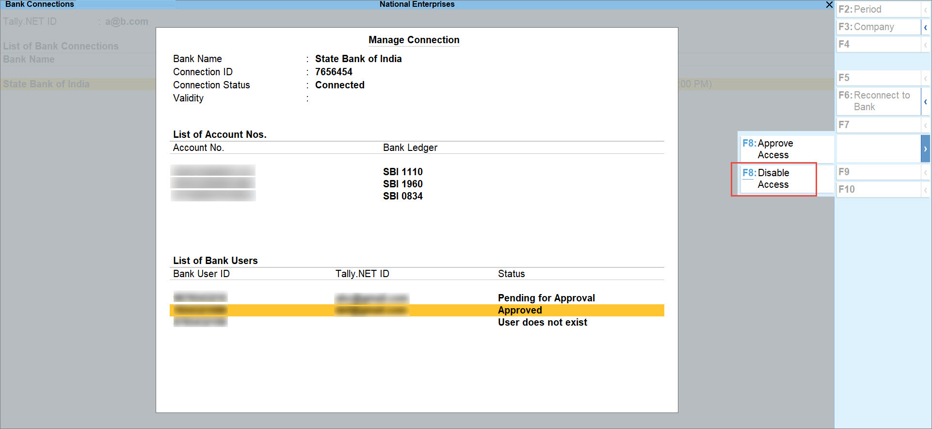 Disable User Access to SBI Accounts in TallyPrime
