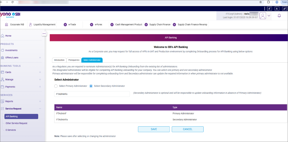 Secondary Administrator in Vistaar Account on the SBI Portal