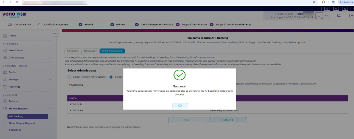 Click Save after Selecting Secondary Administrator on the SBI Portal