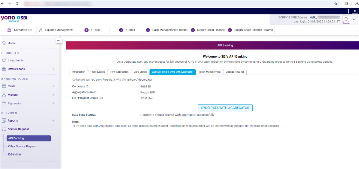Sync Data with Aggregator - Vistaar Account on the SBI Portal