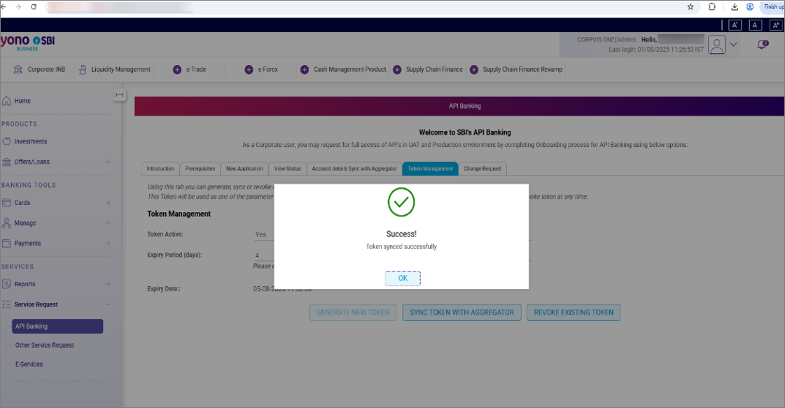 Token Synced with Aggregator on the SBI Portal