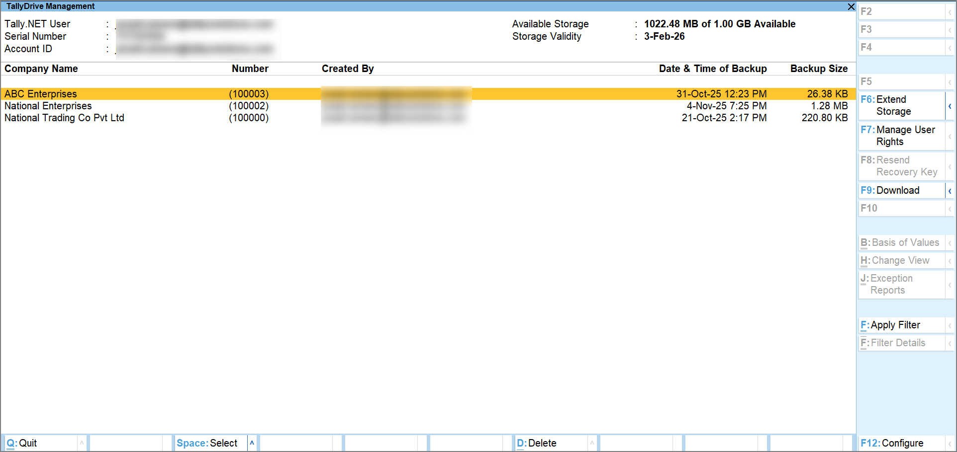 TallyDrive Management Report in TallyPrime